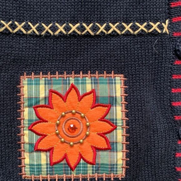 Vintage 90s Printed Knit Sweater Vest Black Red Embroidered Dark Floral Autumn - Picture 7 of 13